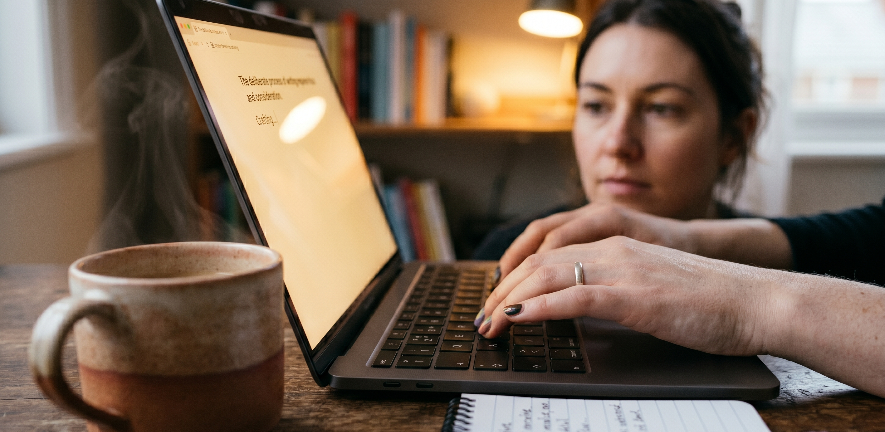 Hôte Airbnb analysant les avis voyageurs sur un dashboard, stylo à la main, carnet de notes ouvert