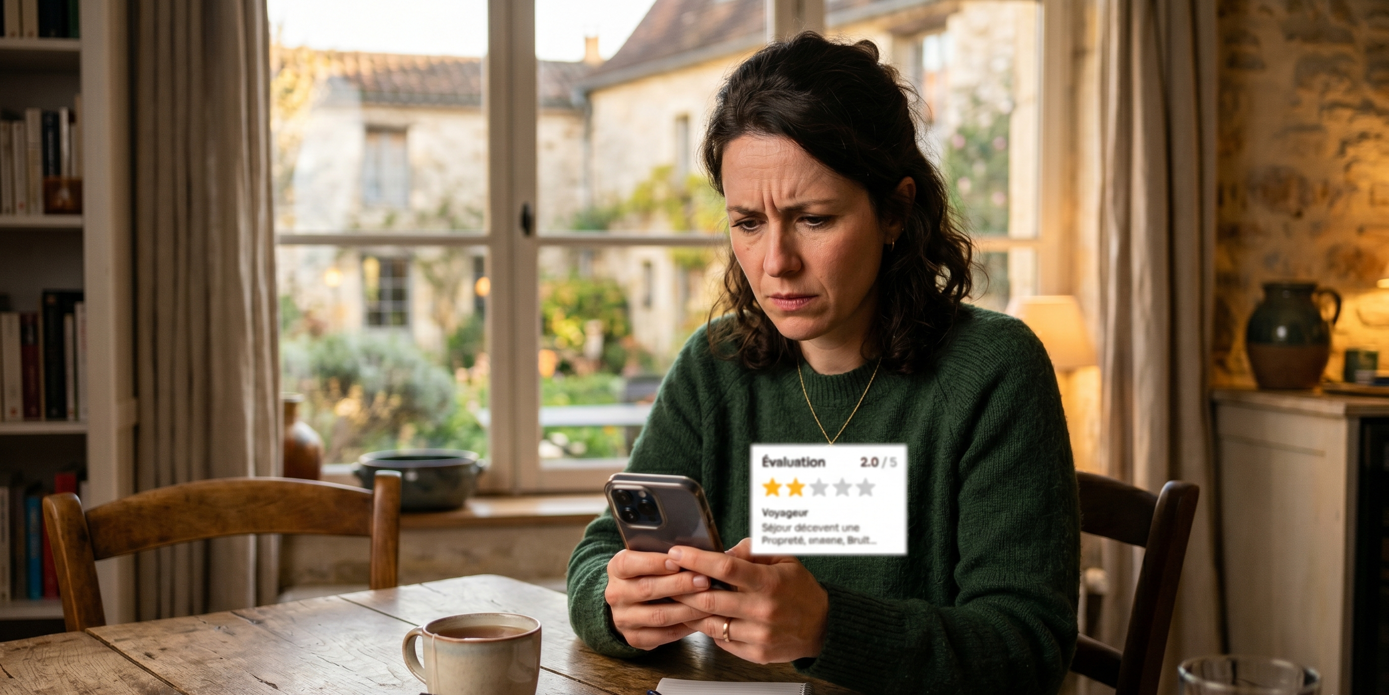 Hôte Airbnb lisant un avis négatif 2 étoiles sur son téléphone avec une expression préoccupée